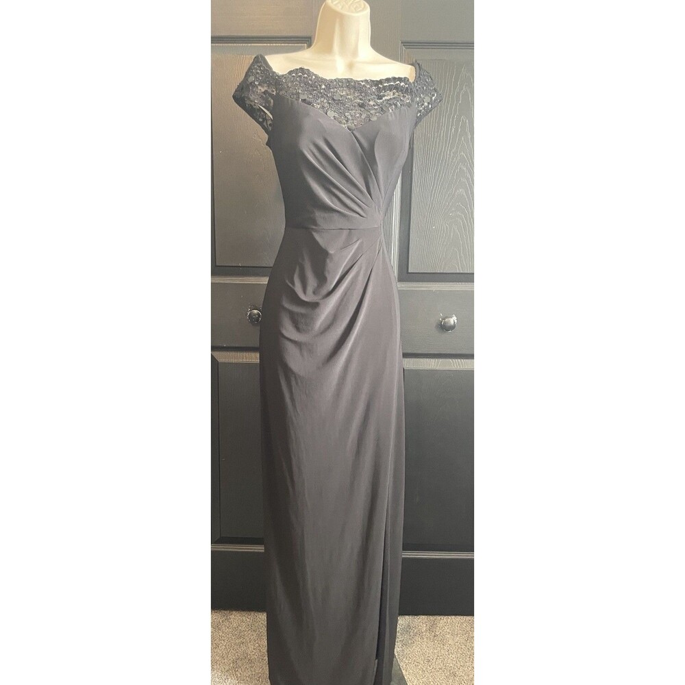 Alex Evenings Black Sequin Lace Evening Gown Size 8 Off Shoulder Long